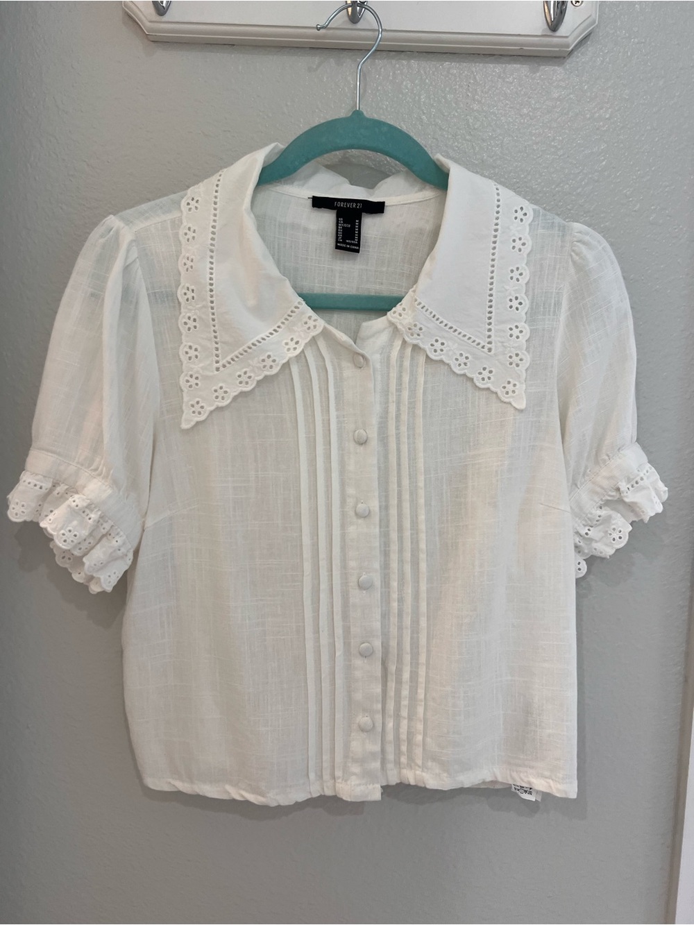 Forever 21 White Eyelet-Trim Button Down Blouse